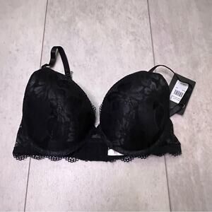 NWT Fredericks of Hollywood Black Diana Floral Lace Push Up Bra 34C Plunge